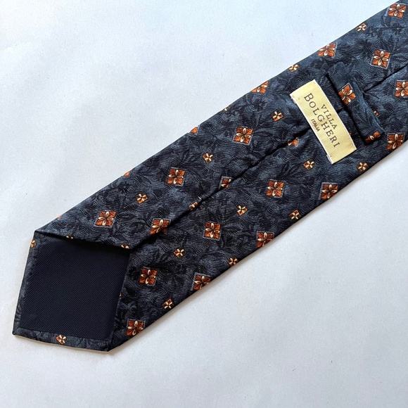 Villa Bolgheri Mens 100% Silk Tie Made in Italy Floral Geo Patterned Dark Navy - Picture 6 of 10